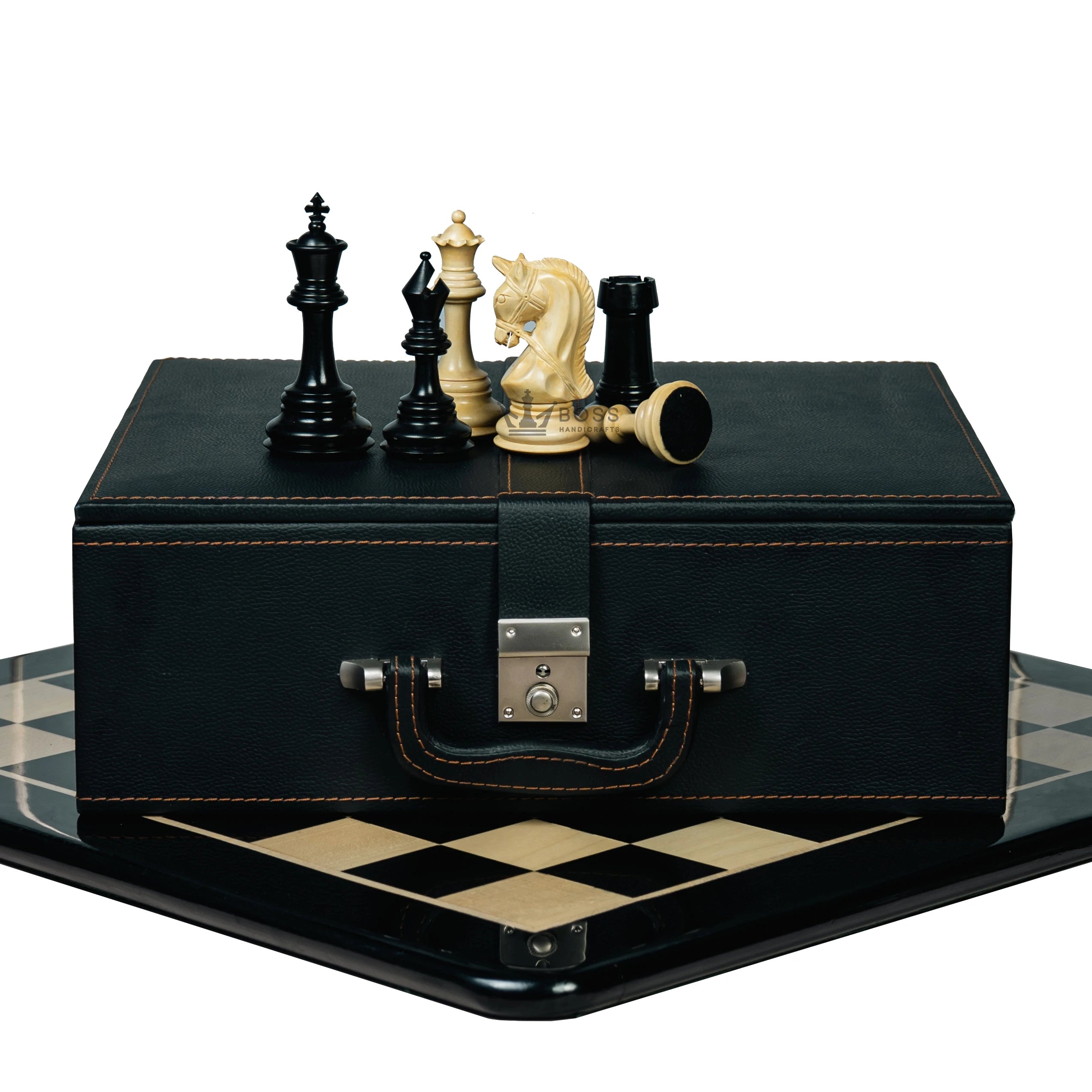 4.3” ELEGANT BRIDLE KNIGHT LUXURY STAUNTON EBONY TRIPLE WEIGHTED CHESS PIECES WITH EBONY CHESSBOARD & STORAGE BOX