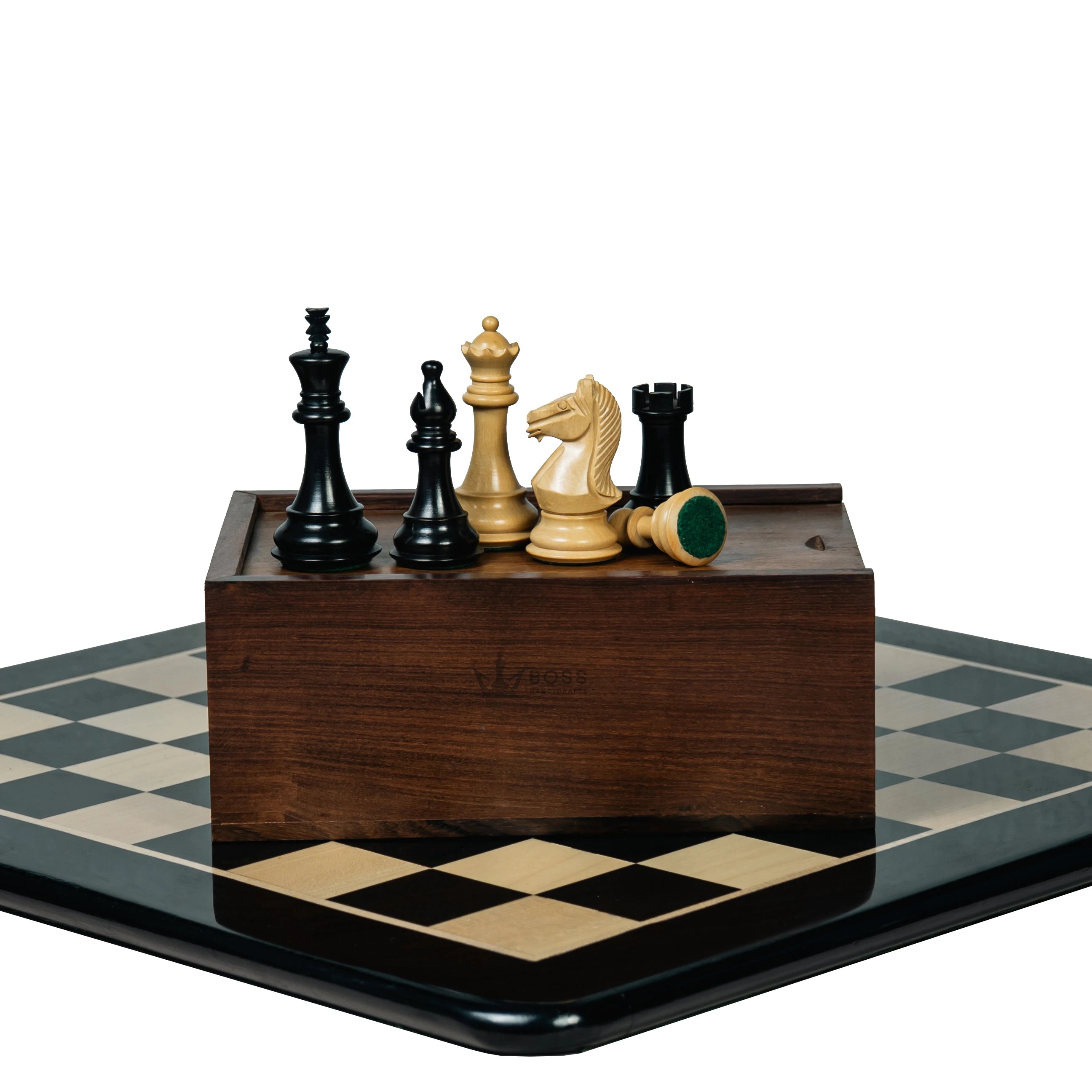 4” NOSEBAND KNIGHT STAUNTON EBONY TRIPLE WEIGHTED CHESS PIECES WITH 21” EBONY BOARD & BOX