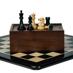 3.75” THE FISCHER SPASSKY 1972 SERIES EBONISED DOUBLE WEIGHTED CHESS PIECES, 21” EBONY BOARD & BOX