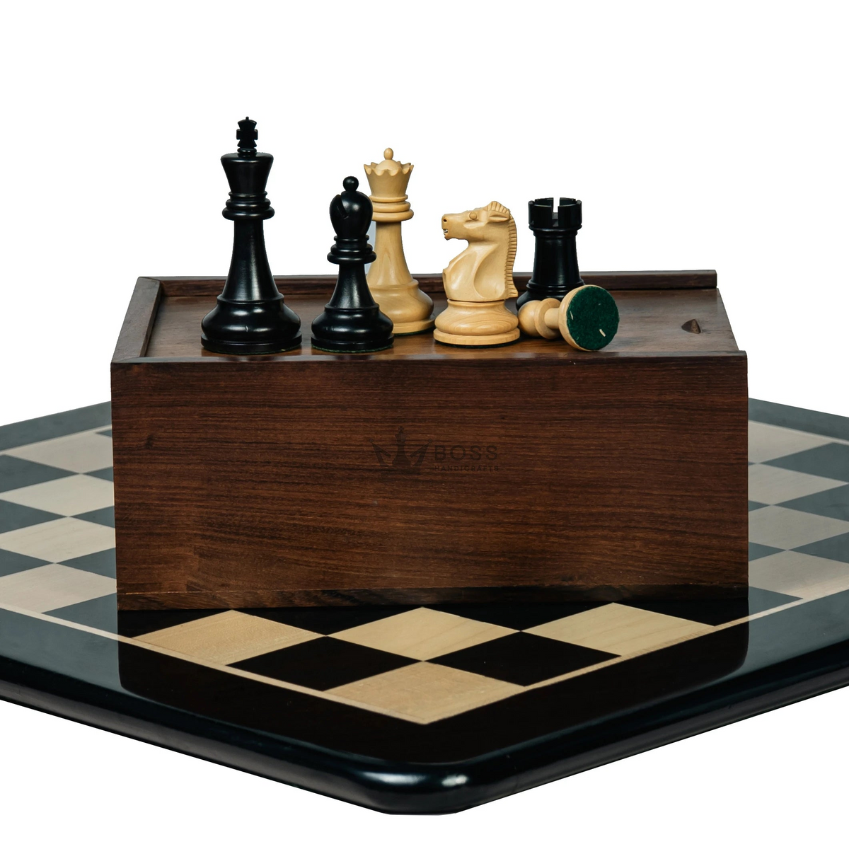 3.75” THE FISCHER SPASSKY 1972 SERIES EBONISED DOUBLE WEIGHTED CHESS PIECES, 21” EBONY BOARD & BOX