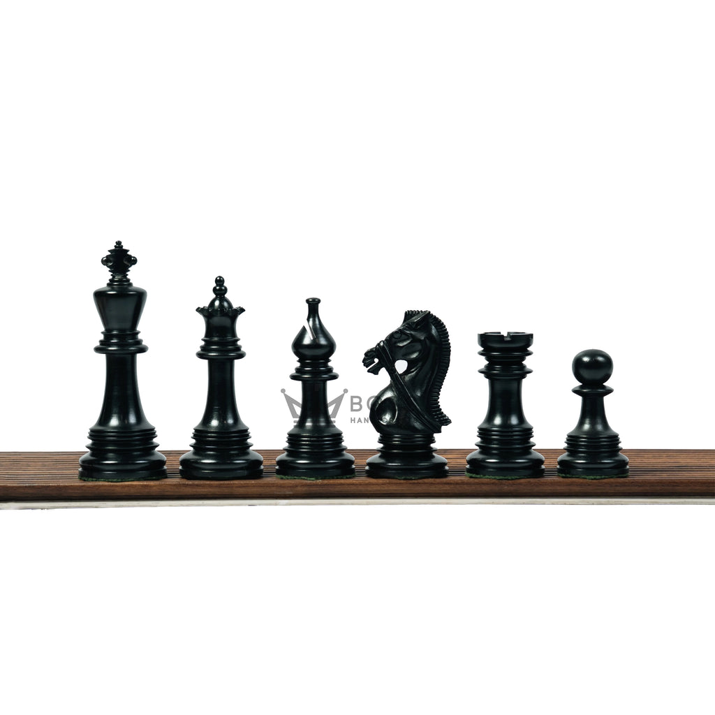 4.5”STAUNTON BRIDLE KNIGHT LUXURY TRIPLE WEIGHTED CHESS PIECES, 21” EBONY CHESSBOARD & LEATHER BOX