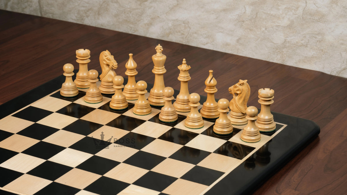 4.5”STAUNTON BRIDLE KNIGHT LUXURY TRIPLE WEIGHTED CHESS PIECES, 21” EBONY CHESSBOARD & LEATHER BOX