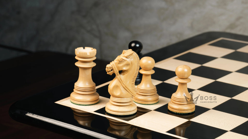 4.5”STAUNTON BRIDLE KNIGHT LUXURY TRIPLE WEIGHTED CHESS PIECES, 21” EBONY CHESSBOARD & LEATHER BOX