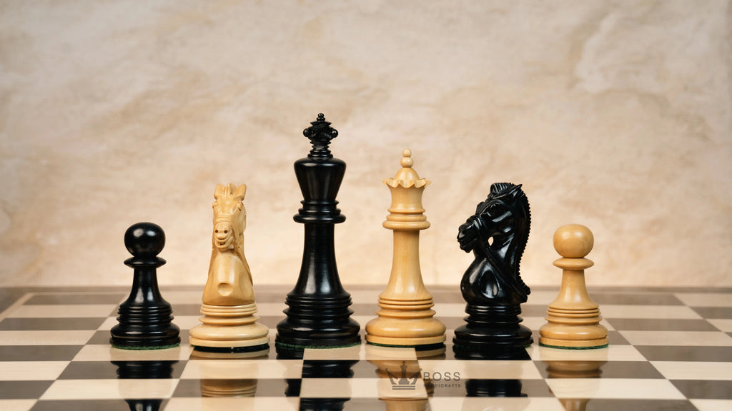 4.5”STAUNTON BRIDLE KNIGHT LUXURY TRIPLE WEIGHTED CHESS PIECES, 21” EBONY CHESSBOARD & LEATHER BOX