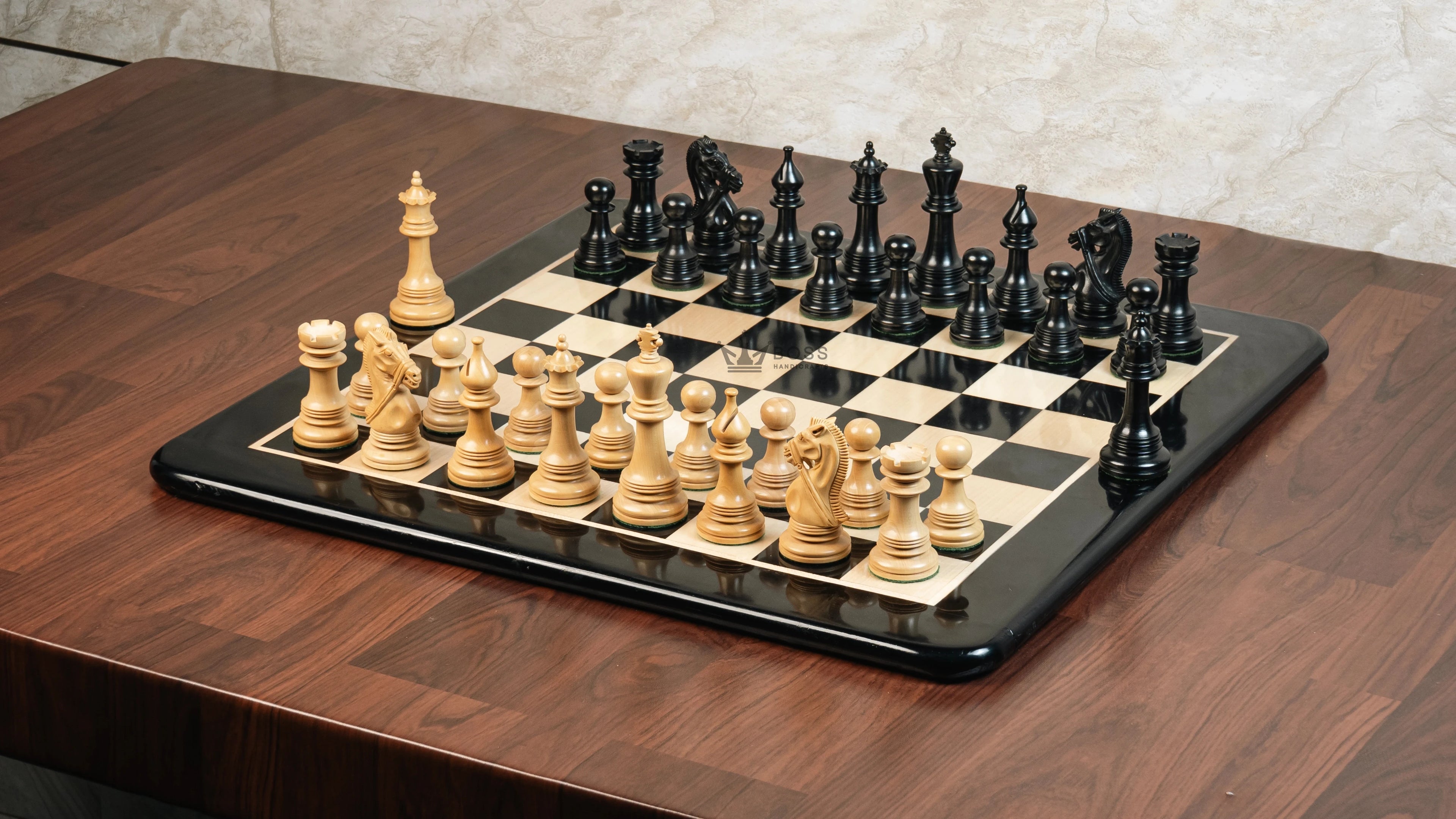 4.5”STAUNTON BRIDLE KNIGHT LUXURY TRIPLE WEIGHTED CHESS PIECES, 21” EBONY CHESSBOARD & LEATHER BOX