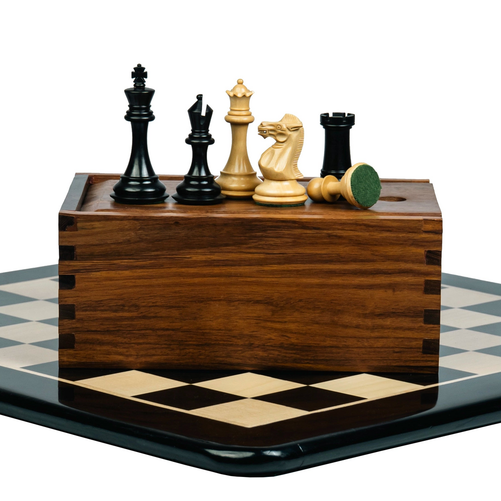 3.75” PRO ROYAL KNIGHT STAUNTON EBONISED WEIGHTED CHESS PIECES WITH 21” EBONY WOOD BOARD & STORAGE BOX