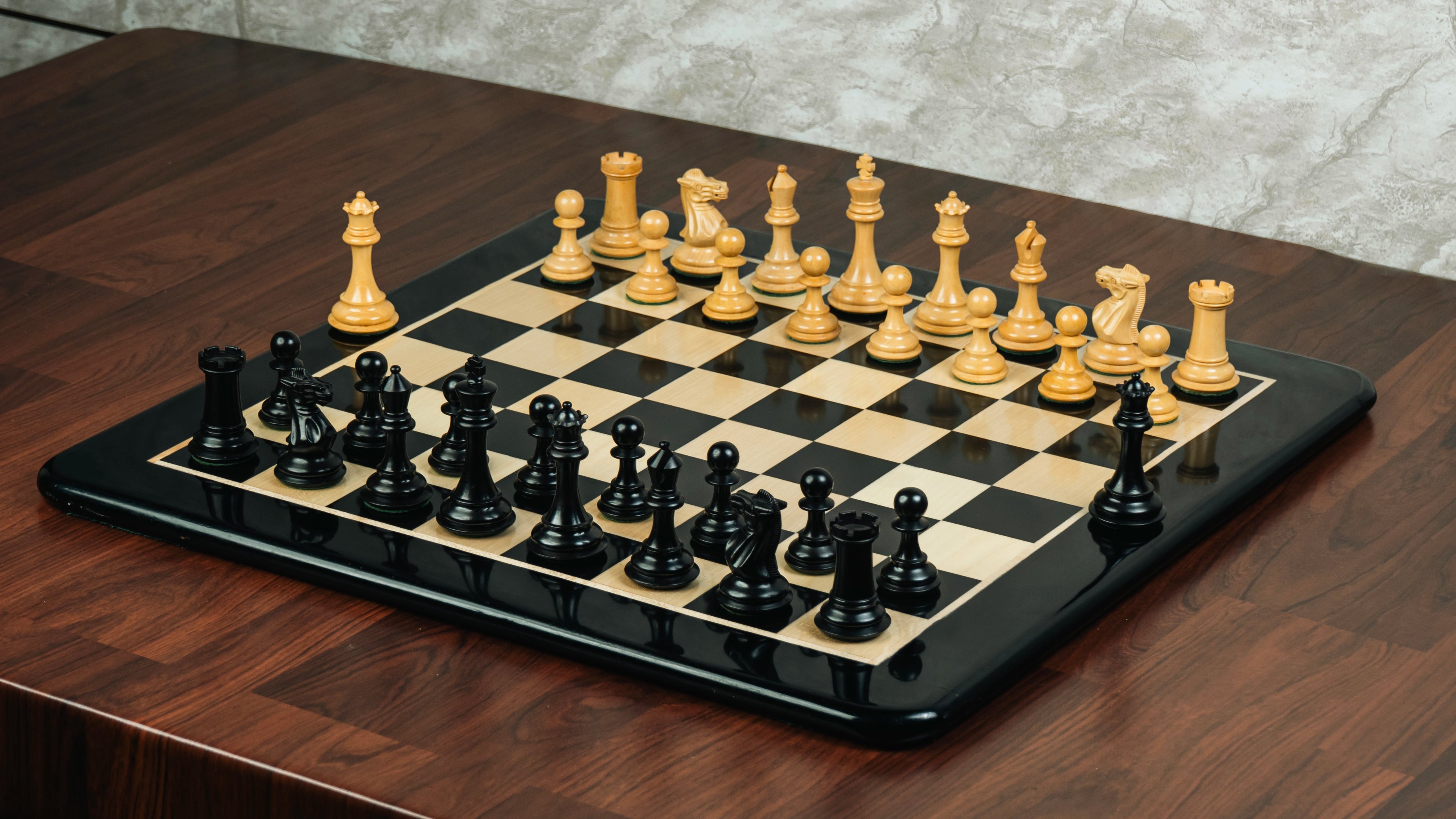 3.75” PRO ROYAL KNIGHT STAUNTON EBONISED WEIGHTED CHESS PIECES WITH 21” EBONY WOOD BOARD & STORAGE BOX