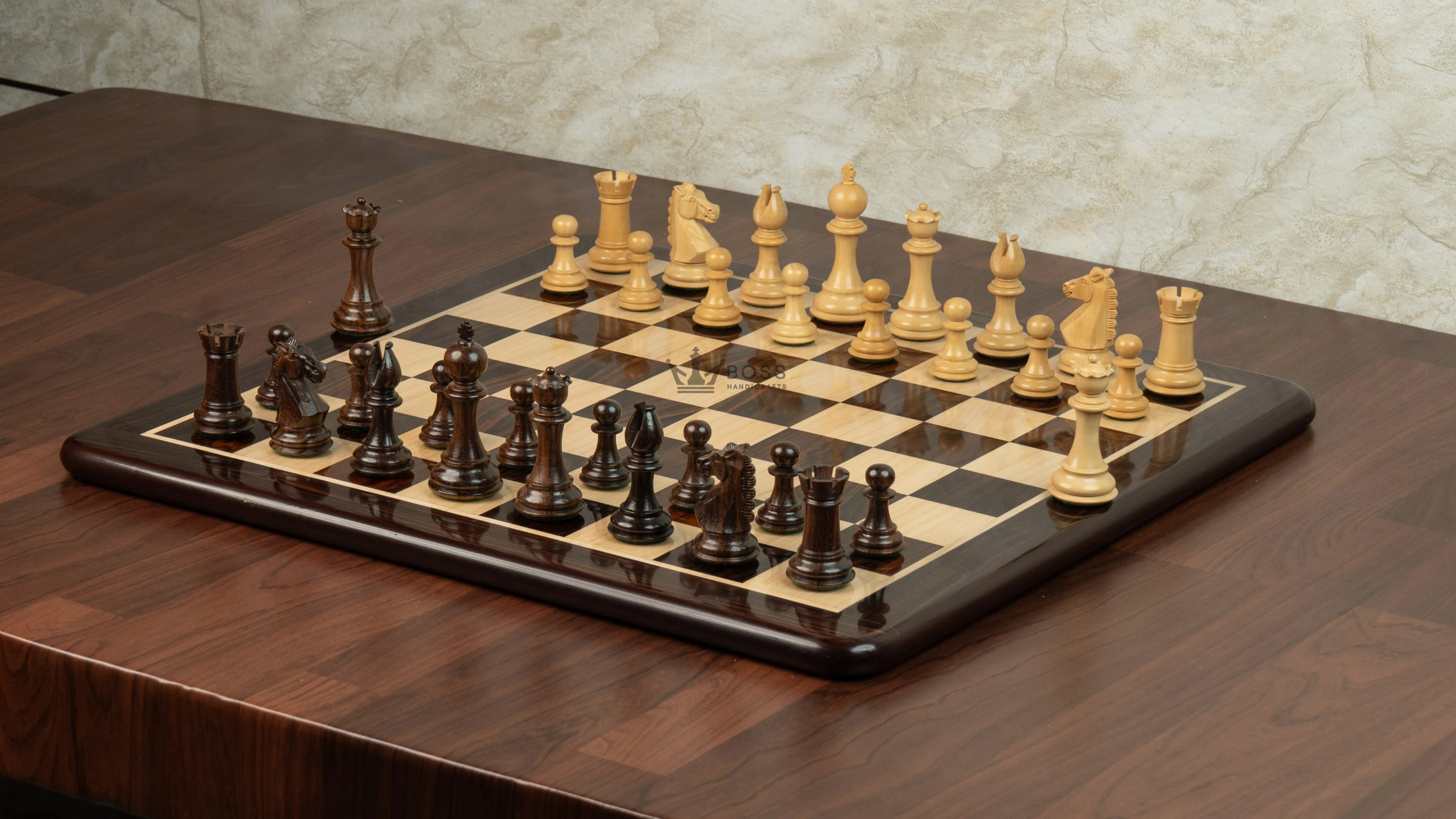 3.8” RUSSIAN COLLECTOR ROSEWOOD WEIGHTED CHESS PIECES, 21” ROSEWOOD CHESSBOARD & STORAGE BOX