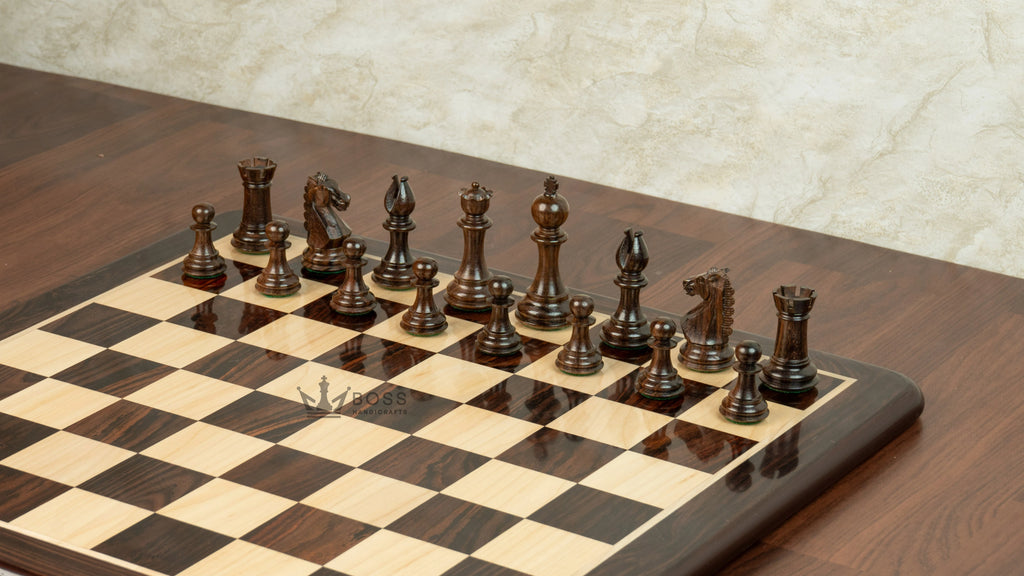 3.8” RUSSIAN COLLECTOR ROSEWOOD WEIGHTED CHESS PIECES, 21” ROSEWOOD CHESSBOARD & STORAGE BOX