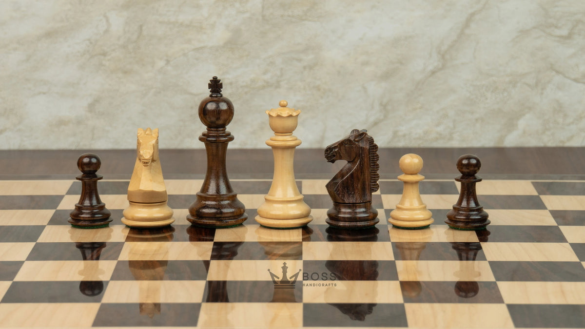 3.8” RUSSIAN COLLECTOR ROSEWOOD WEIGHTED CHESS PIECES, 21” ROSEWOOD CHESSBOARD & STORAGE BOX