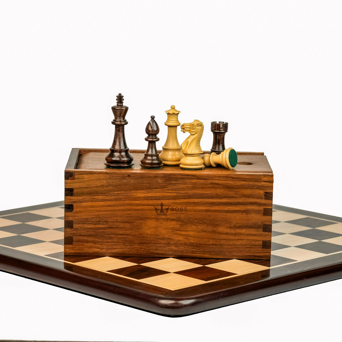 3” ROYAL KNIGHT STAUNTON ROSEWOOD WEIGHTED CHESS PIECES, 16” ROSEWOOD CHESSBOARD & BOX