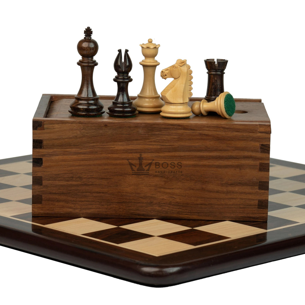 3.8” RUSSIAN COLLECTOR ROSEWOOD WEIGHTED CHESS PIECES, 21” ROSEWOOD CHESSBOARD & STORAGE BOX
