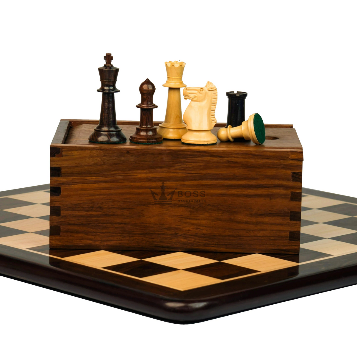 3.6” SLEEK KNIGHT PREMIUM ROSEWOOD WEIGHTED CHESS PIECES, 21" ROSEWOOD CHESSBOARD & BOX