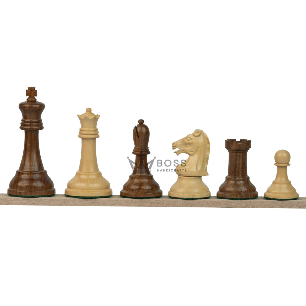 3.75” REPRODUCTION OF DRUEKE PLAYER CHOICE GOLDEN ROSEWOOD CHESS PIECES, 21” GOLDEN ROSEWOOD BOARD AND CHESS BOX