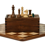 3.75” REPRODUCTION OF DRUEKE PLAYER CHOICE GOLDEN ROSEWOOD CHESS PIECES, 21” GOLDEN ROSEWOOD BOARD AND CHESS BOX