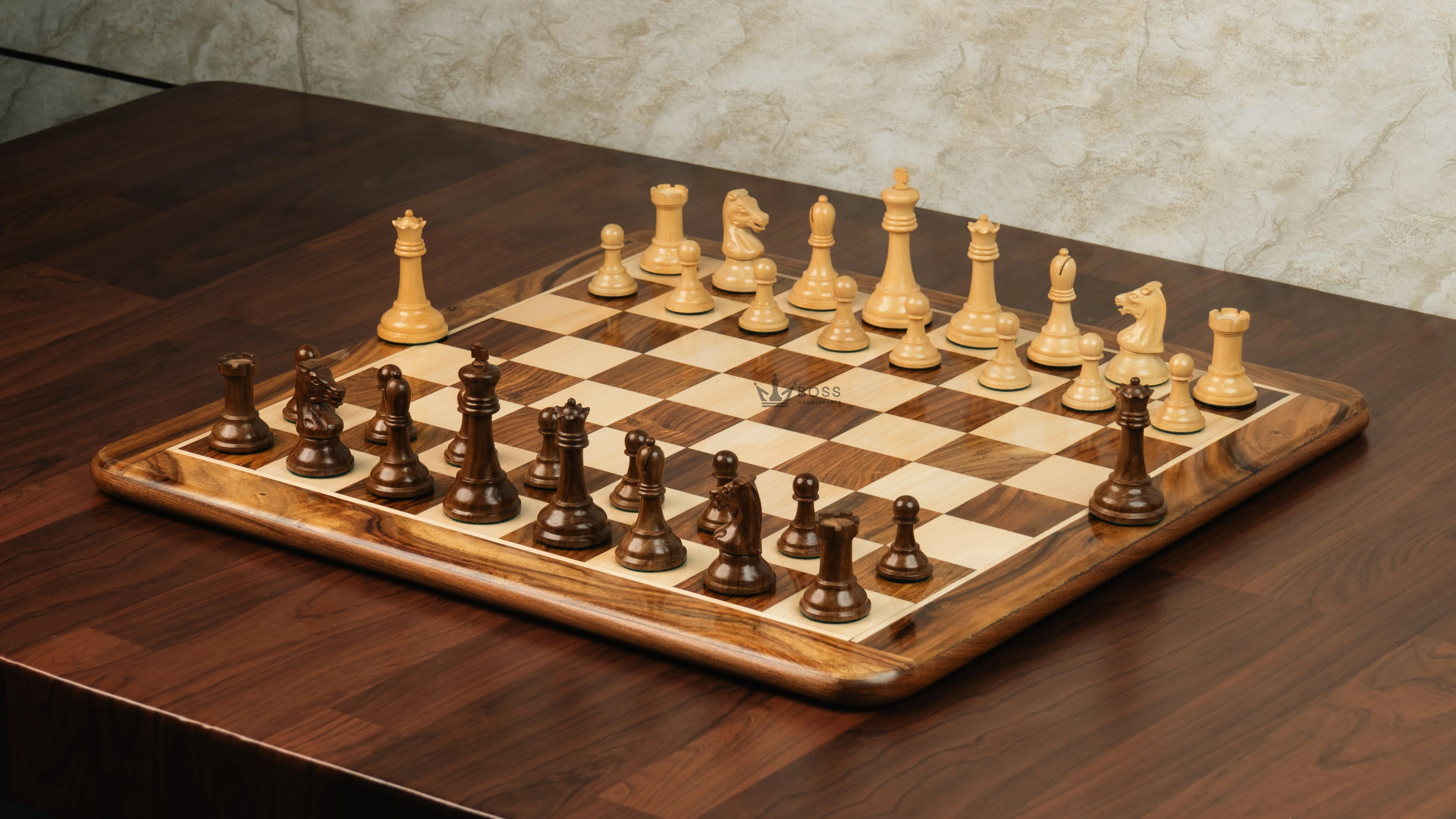 3.75” REPRODUCTION OF DRUEKE PLAYER CHOICE GOLDEN ROSEWOOD CHESS PIECES, 21” GOLDEN ROSEWOOD BOARD AND CHESS BOX