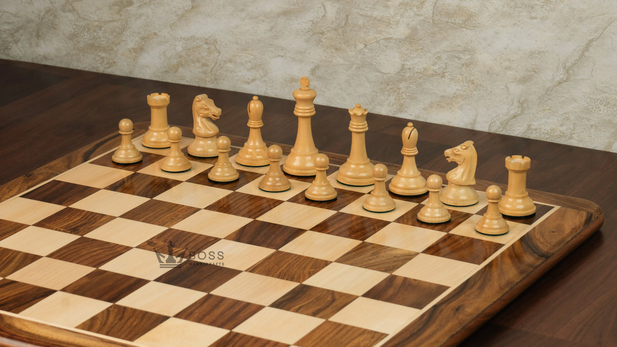 3.75” REPRODUCTION OF DRUEKE PLAYER CHOICE GOLDEN ROSEWOOD CHESS PIECES, 21” GOLDEN ROSEWOOD BOARD AND CHESS BOX