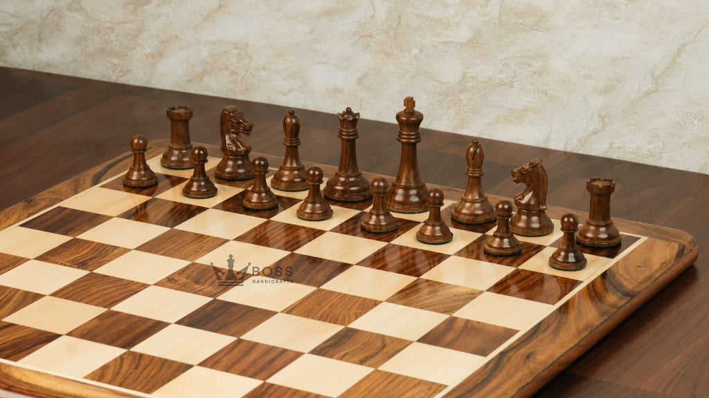 3.75” REPRODUCTION OF DRUEKE PLAYER CHOICE GOLDEN ROSEWOOD CHESS PIECES, 21” GOLDEN ROSEWOOD BOARD AND CHESS BOX