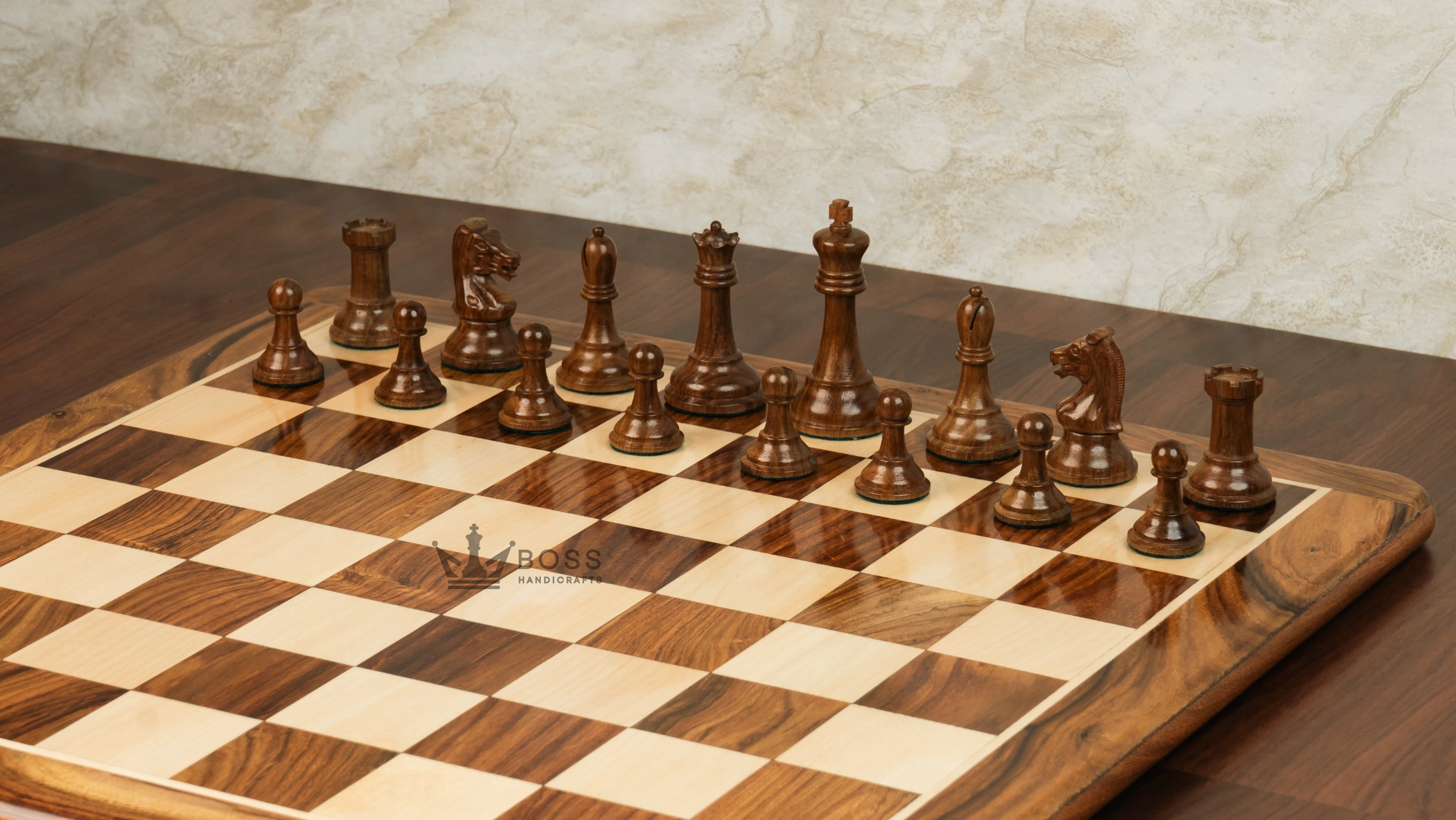 3.75” REPRODUCTION OF DRUEKE PLAYER CHOICE GOLDEN ROSEWOOD CHESS PIECES, 21” GOLDEN ROSEWOOD BOARD AND CHESS BOX