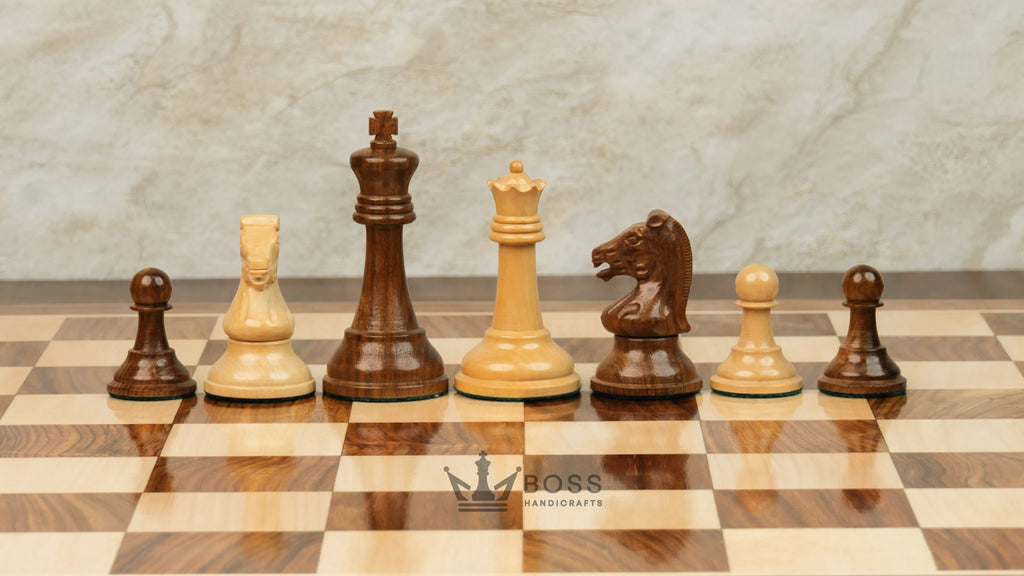 3.75” REPRODUCTION OF DRUEKE PLAYER CHOICE GOLDEN ROSEWOOD CHESS PIECES, 21” GOLDEN ROSEWOOD BOARD AND CHESS BOX