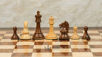 3.75” REPRODUCTION OF DRUEKE PLAYER CHOICE GOLDEN ROSEWOOD CHESS PIECES, 21” GOLDEN ROSEWOOD BOARD AND CHESS BOX