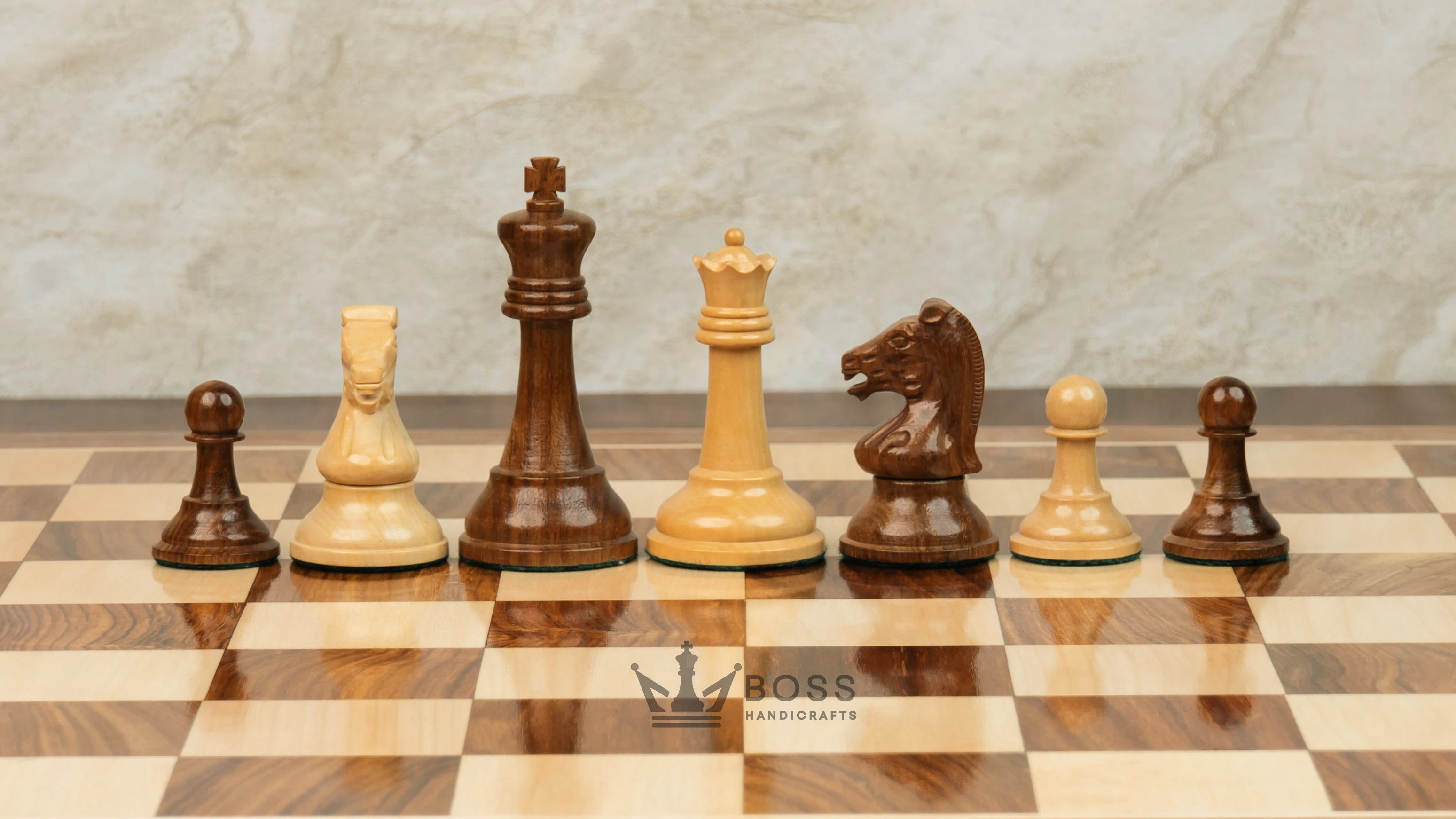 3.75” REPRODUCTION OF DRUEKE PLAYER CHOICE GOLDEN ROSEWOOD CHESS PIECES, 21” GOLDEN ROSEWOOD BOARD AND CHESS BOX