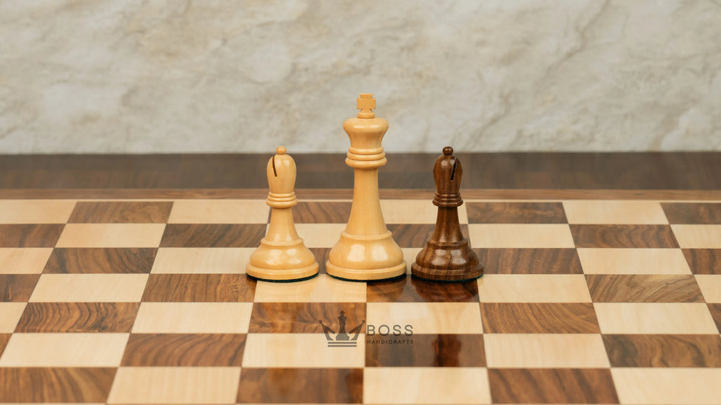 3.75” REPRODUCTION OF DRUEKE PLAYER CHOICE GOLDEN ROSEWOOD CHESS PIECES, 21” GOLDEN ROSEWOOD BOARD AND CHESS BOX