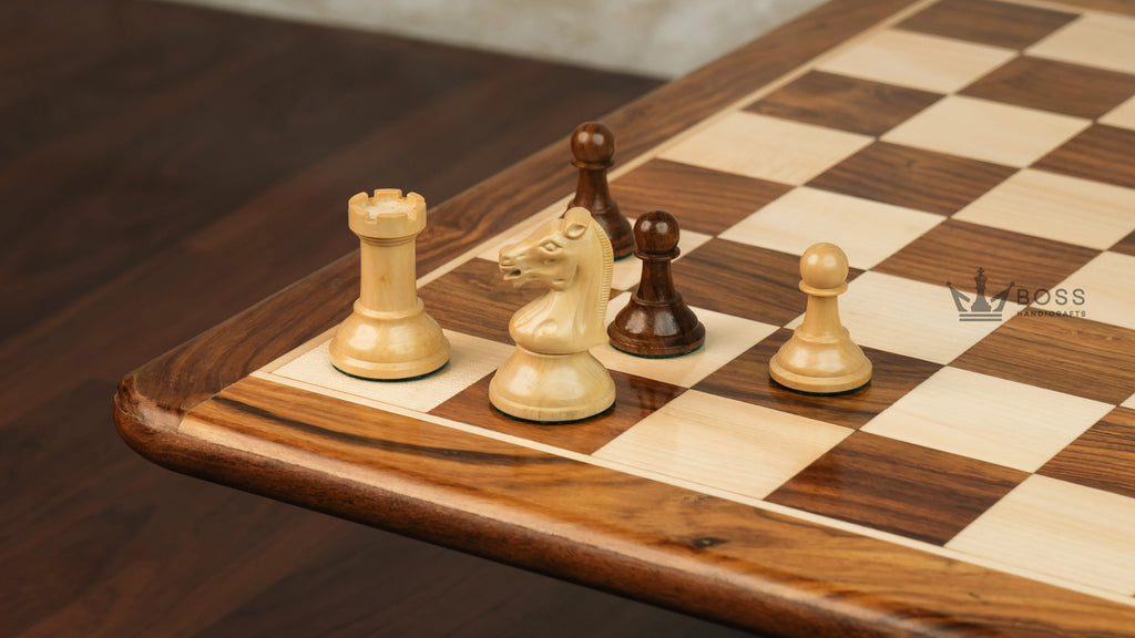 3.75” REPRODUCTION OF DRUEKE PLAYER CHOICE GOLDEN ROSEWOOD CHESS PIECES, 21” GOLDEN ROSEWOOD BOARD AND CHESS BOX