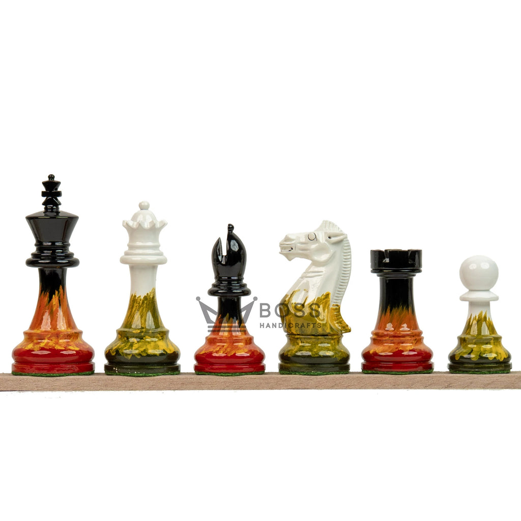 4” FIRE ROYAL KNIGHT STAUNTON TRIPLE WEIGHTED PAINTED CHESS PIECES, 21” EBONY BOARD & BOX