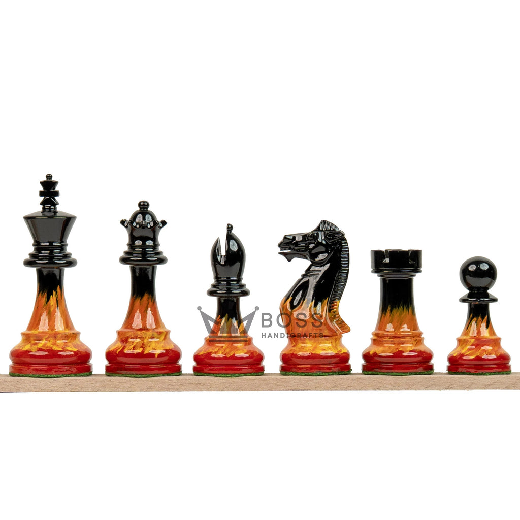 4” FIRE ROYAL KNIGHT STAUNTON TRIPLE WEIGHTED PAINTED CHESS PIECES, 21” EBONY BOARD & BOX