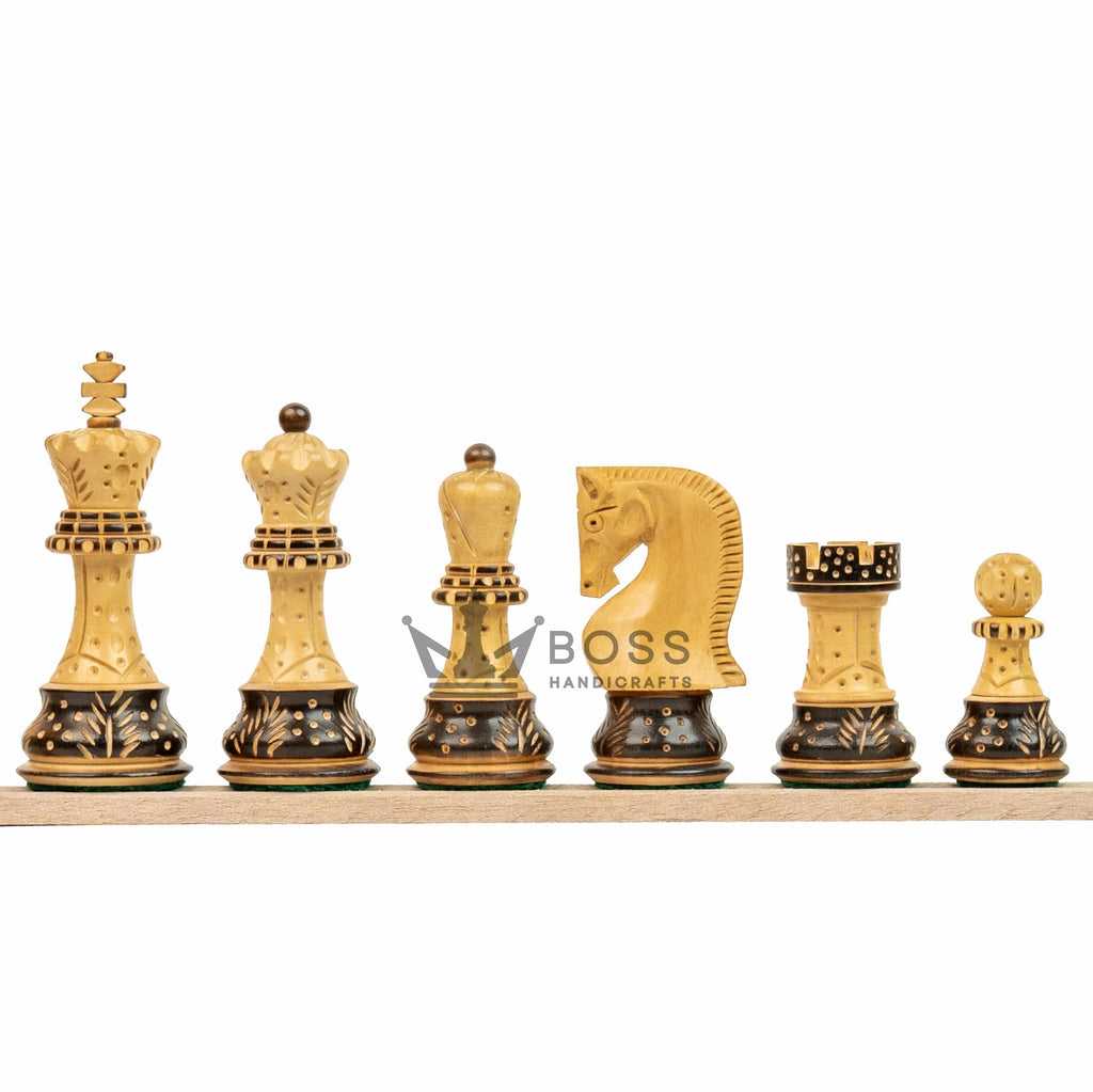 3.9” BURNT CARVED RUSSIAN ZAGREB 1959’ WEIGHTED CHESS PIECES, 21” EBONY CHESSBOARD & BOX