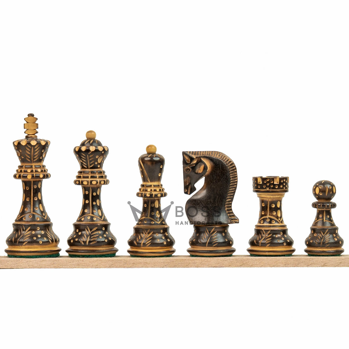 3.9” BURNT CARVED RUSSIAN ZAGREB 1959’ WEIGHTED CHESS PIECES, 21” EBONY CHESSBOARD & BOX