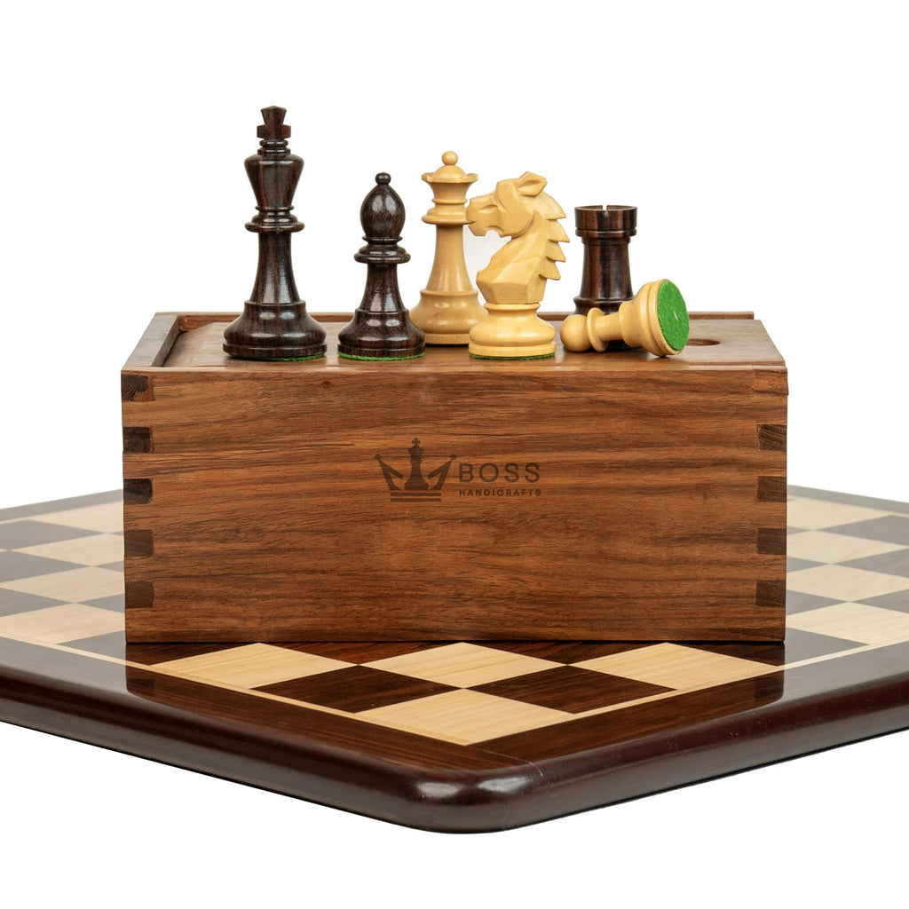 3.9” REPRODUCED BOHEMIAN ROSEWOOD TRIPLE WEIGHTED CHESS PIECES, 21” ROSEWOOD CHESSBOARD & BOX