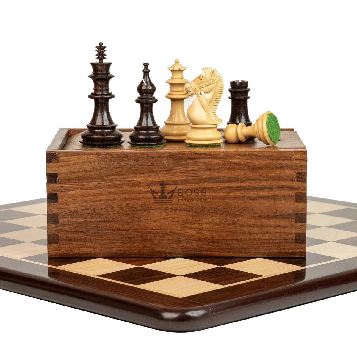 4.1” DOUBLE HEAD ROSEWOOD WEIGHTED CHESS PIECES, 21” ROSEWOOD CHESSBOARD & BOX