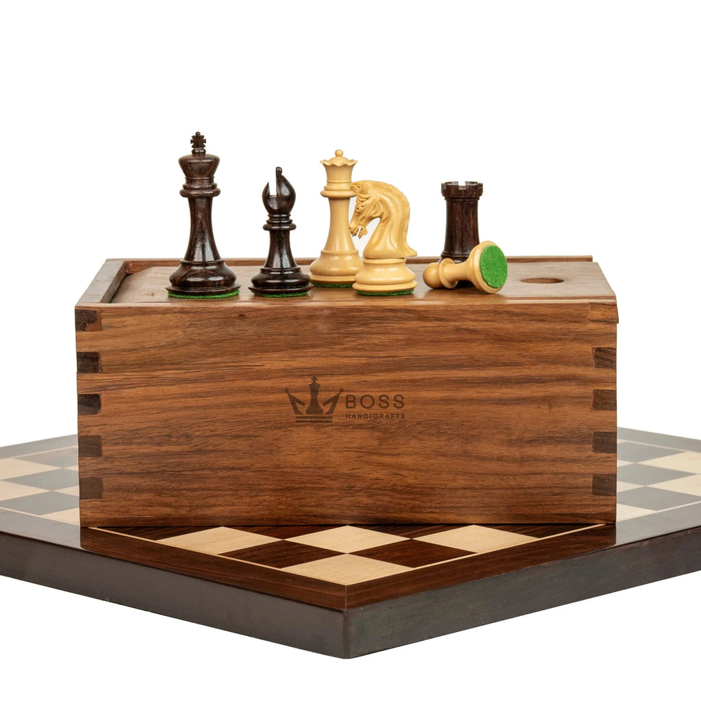 3.1” REPRODUCED 2016 SINQUEFIELD STAUNTON WEIGHTED ROSEWOOD CHESS PIECES, 16” ROSEWOOD BOARD & BOX