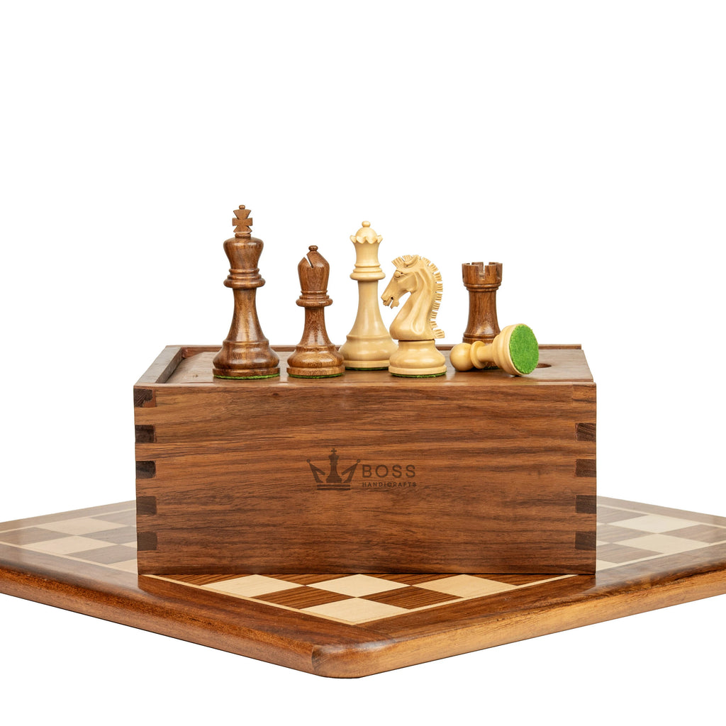3.9” MOHAWK KNIGHT STAUNTON WEIGHTED CHESS PIECES, 21” GOLDEN ROSEWOOD CHESSBOARD & BOX