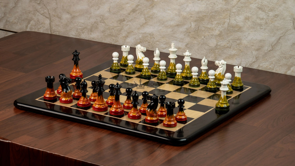 4” FIRE ROYAL KNIGHT STAUNTON TRIPLE WEIGHTED PAINTED CHESS PIECES, 21” EBONY BOARD & BOX