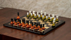 4” FIRE ROYAL KNIGHT STAUNTON TRIPLE WEIGHTED PAINTED CHESS PIECES, 21” EBONY BOARD & BOX