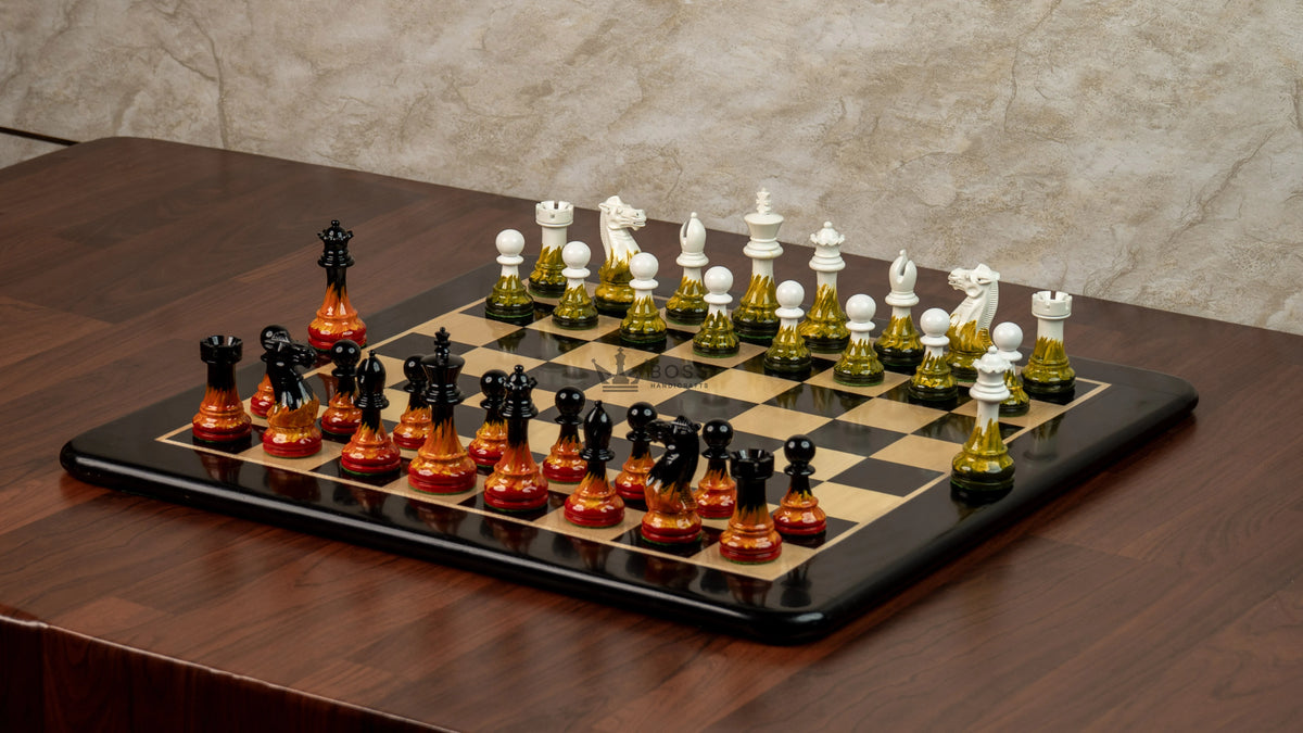 4” FIRE ROYAL KNIGHT STAUNTON TRIPLE WEIGHTED PAINTED CHESS PIECES, 21” EBONY BOARD & BOX