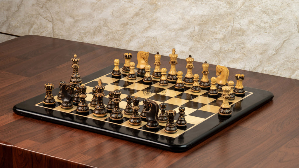 3.9” BURNT CARVED RUSSIAN ZAGREB 1959’ WEIGHTED CHESS PIECES, 21” EBONY CHESSBOARD & BOX