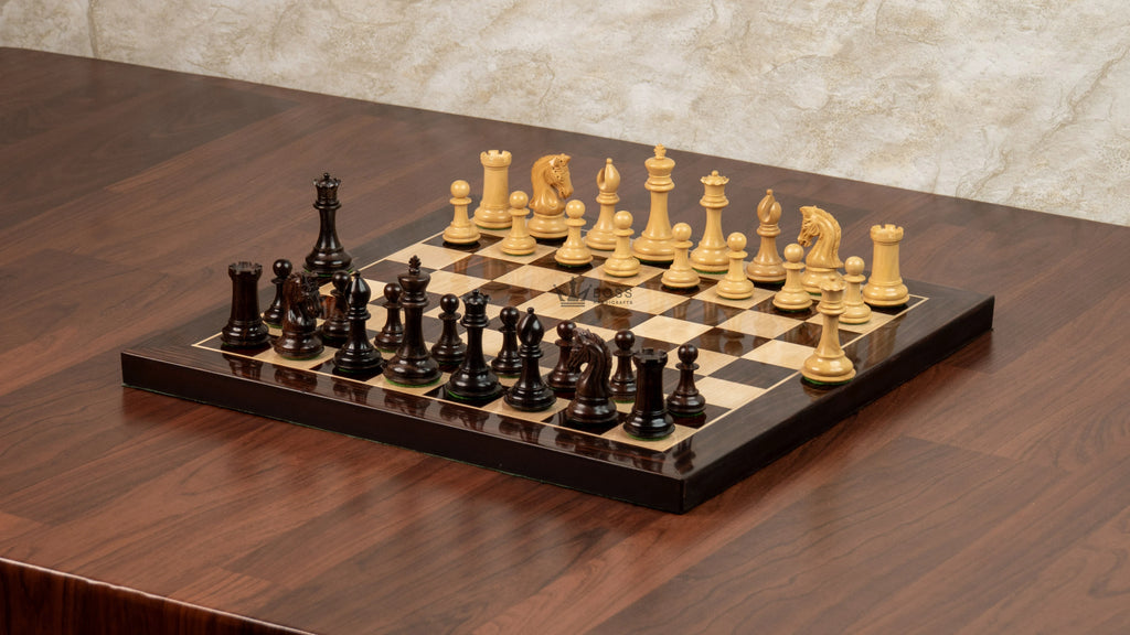 3.1” REPRODUCED 2016 SINQUEFIELD STAUNTON WEIGHTED ROSEWOOD CHESS PIECES, 16” ROSEWOOD BOARD & BOX