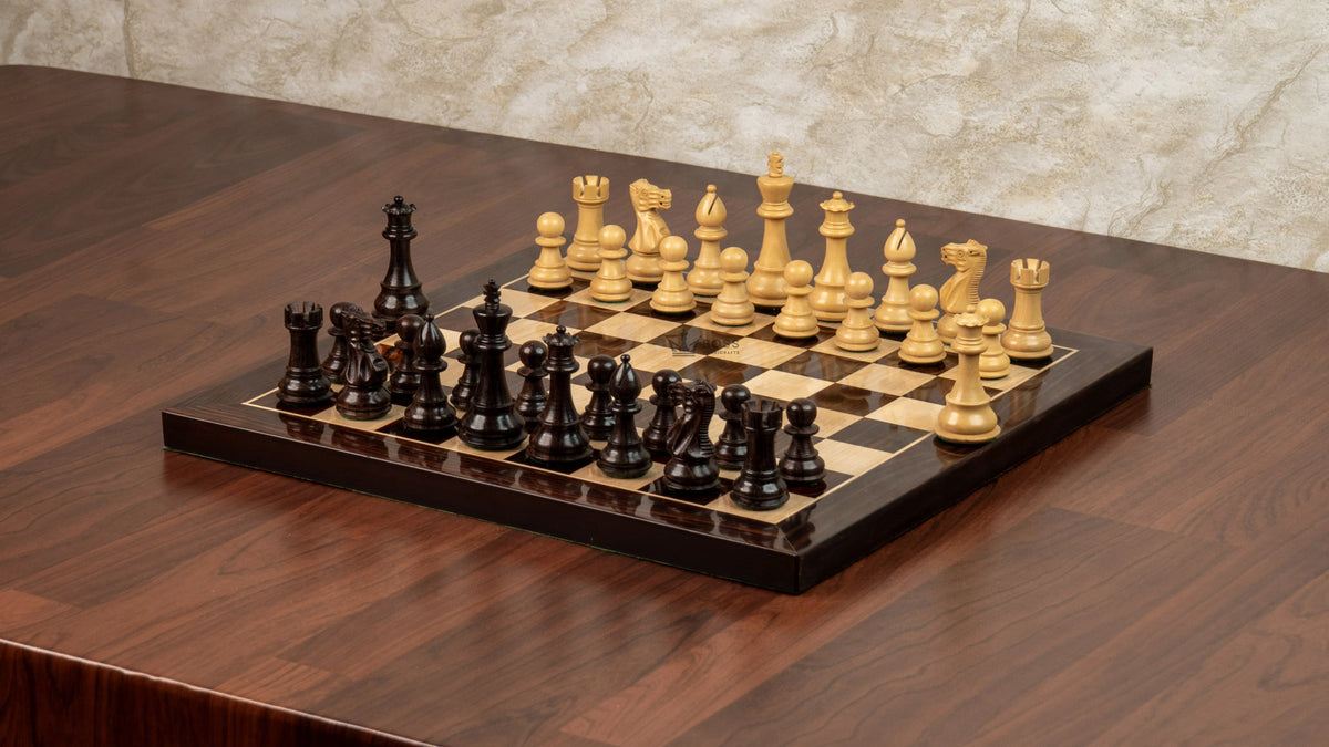 3” ROYAL KNIGHT STAUNTON ROSEWOOD WEIGHTED CHESS PIECES, 16” ROSEWOOD CHESSBOARD & BOX