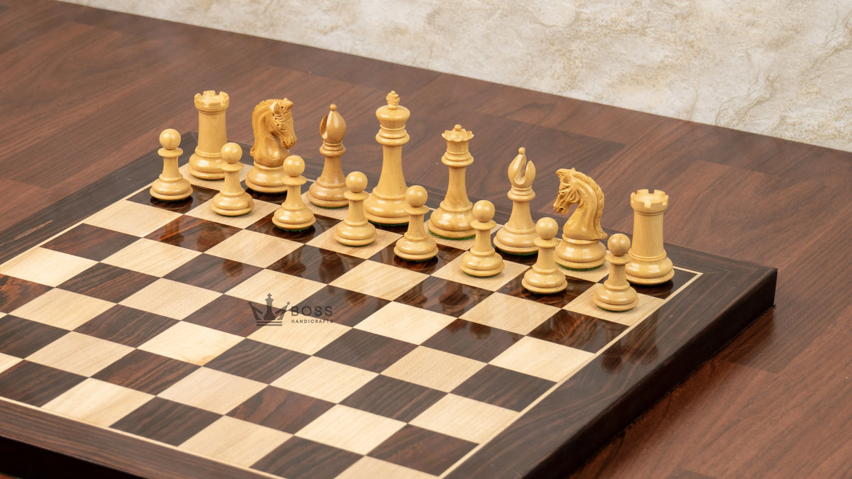 3.1” REPRODUCED 2016 SINQUEFIELD STAUNTON WEIGHTED ROSEWOOD CHESS PIECES, 16” ROSEWOOD BOARD & BOX