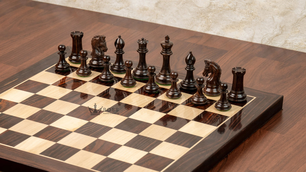 3.1” REPRODUCED 2016 SINQUEFIELD STAUNTON WEIGHTED ROSEWOOD CHESS PIECES, 16” ROSEWOOD BOARD & BOX
