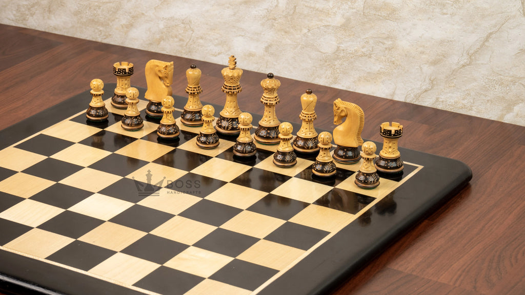 3.9” BURNT CARVED RUSSIAN ZAGREB 1959’ WEIGHTED CHESS PIECES, 21” EBONY CHESSBOARD & BOX