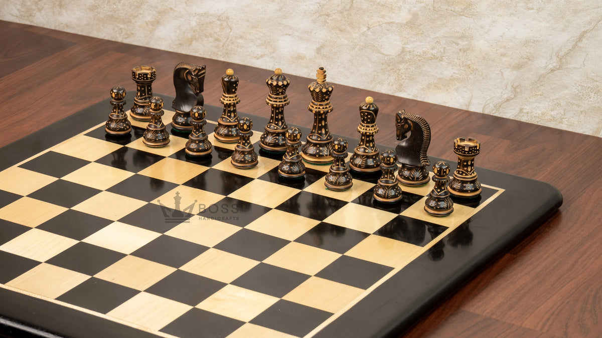 3.9” BURNT CARVED RUSSIAN ZAGREB 1959’ WEIGHTED CHESS PIECES, 21” EBONY CHESSBOARD & BOX