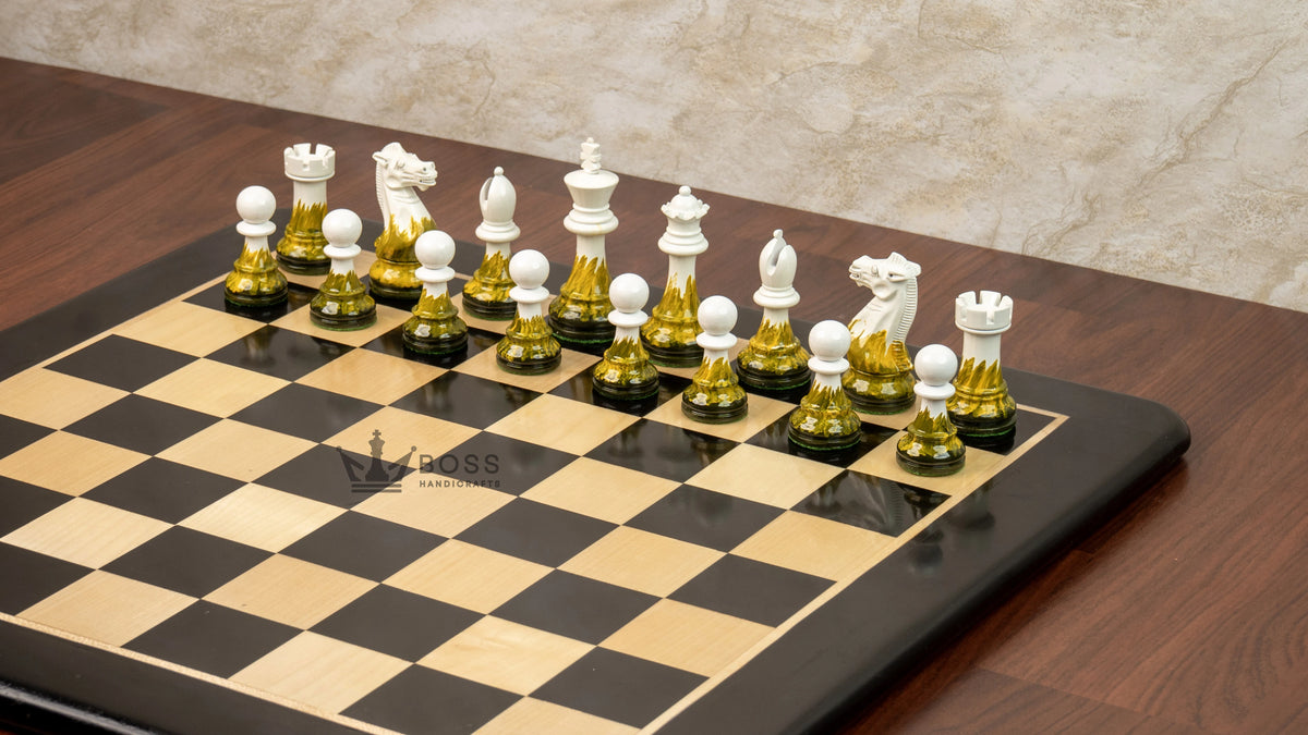 4” FIRE ROYAL KNIGHT STAUNTON TRIPLE WEIGHTED PAINTED CHESS PIECES, 21” EBONY BOARD & BOX