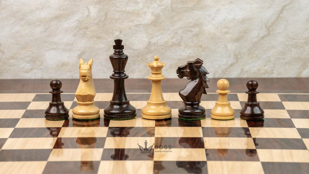 3.9” REPRODUCED BOHEMIAN ROSEWOOD TRIPLE WEIGHTED CHESS PIECES, 21” ROSEWOOD CHESSBOARD & BOX