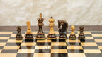 3.9” BURNT CARVED RUSSIAN ZAGREB 1959’ WEIGHTED CHESS PIECES, 21” EBONY CHESSBOARD & BOX