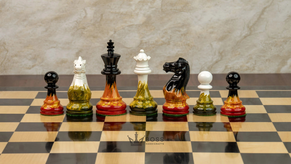 4” FIRE ROYAL KNIGHT STAUNTON TRIPLE WEIGHTED PAINTED CHESS PIECES, 21” EBONY BOARD & BOX